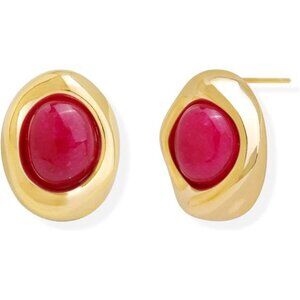 💖 Vintage Fuchsia Stud Earrings – Retro 14K Gold Plated Bezel Setting – Elegant